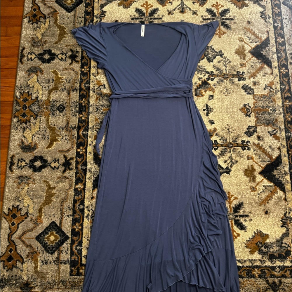 Mother Bee Maternity Butterfly Sleeve Hi-Low Ruffle Dress with Adjustable Belt